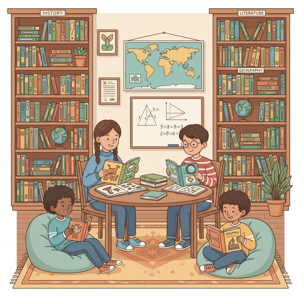 Children reading educational books in a home study area as part of family education academic resources and teaching arrangements
