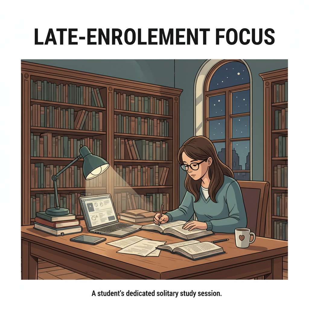 A late enrollee studying independently in a university library, dealing with challenges.
