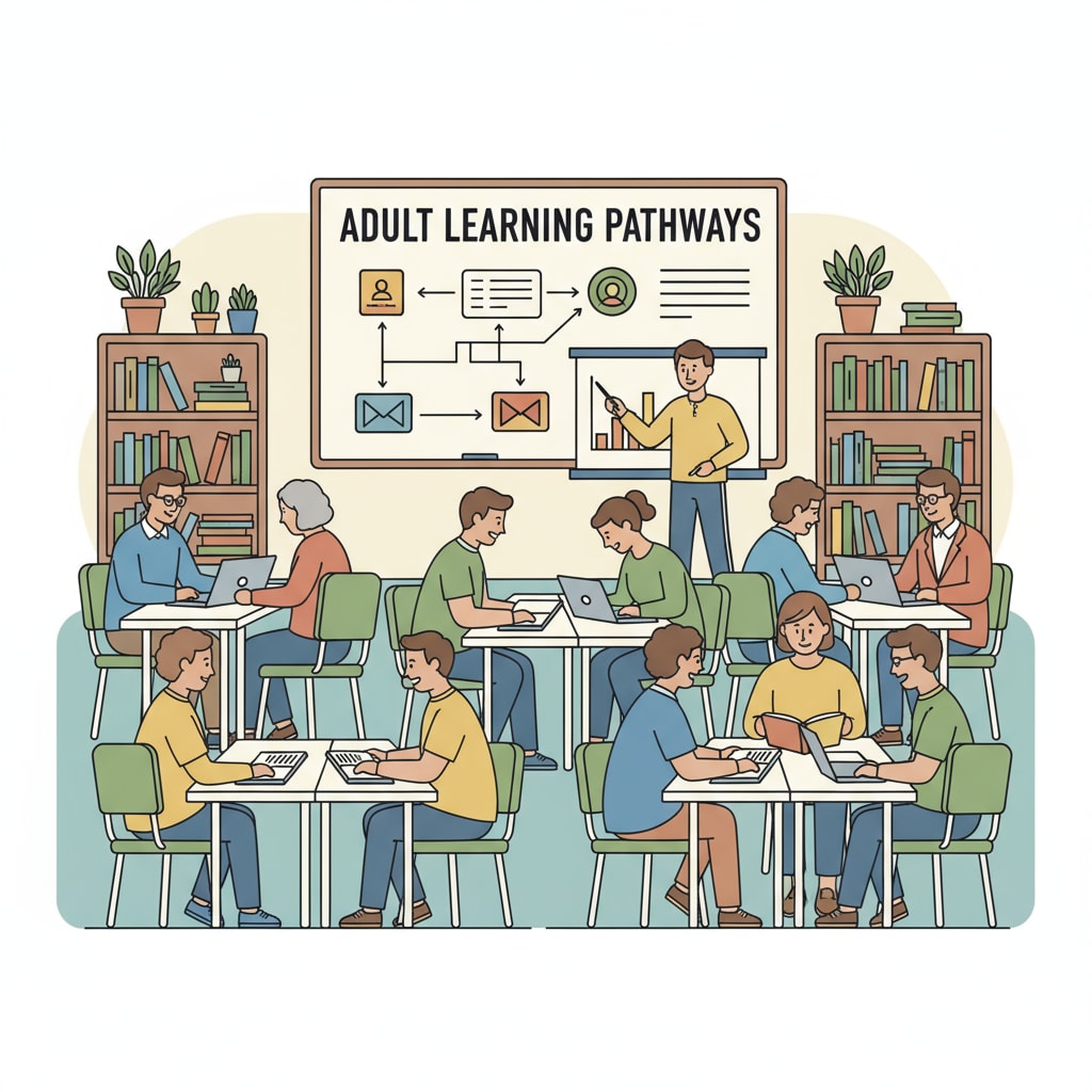Adult learners in a classroom setting related to adult education, high school diploma, and college applications.