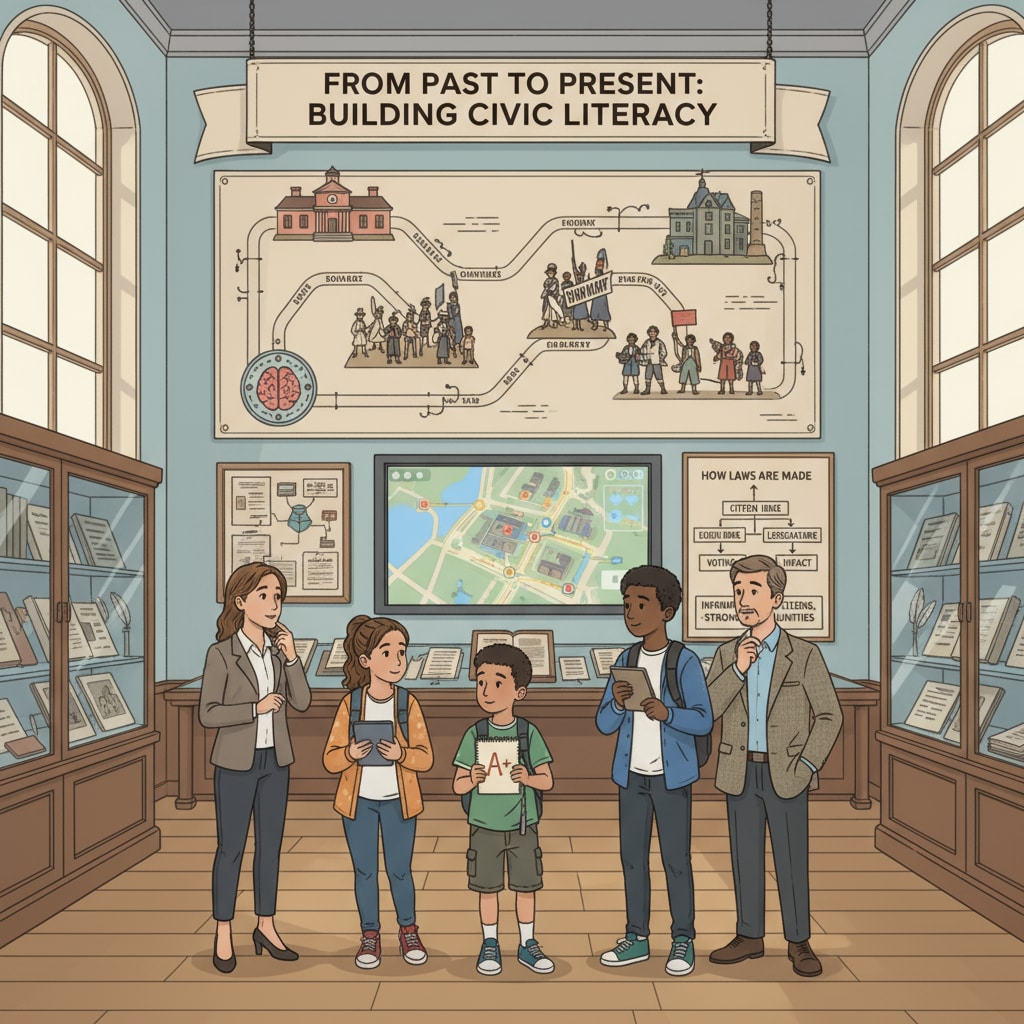 Students visiting a historical museum for civic history learning in the context of educational standards, historical knowledge, and civic literacy