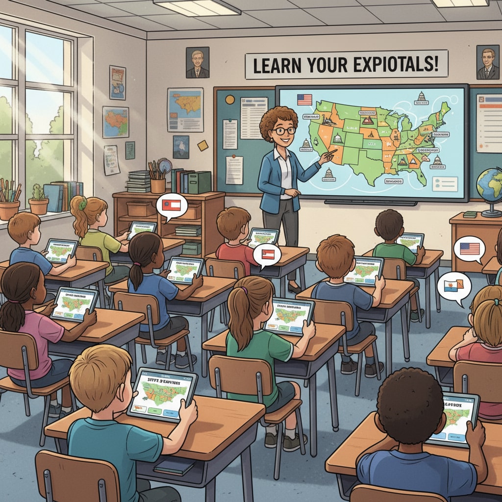 Students using state capital learning apps in a classroom