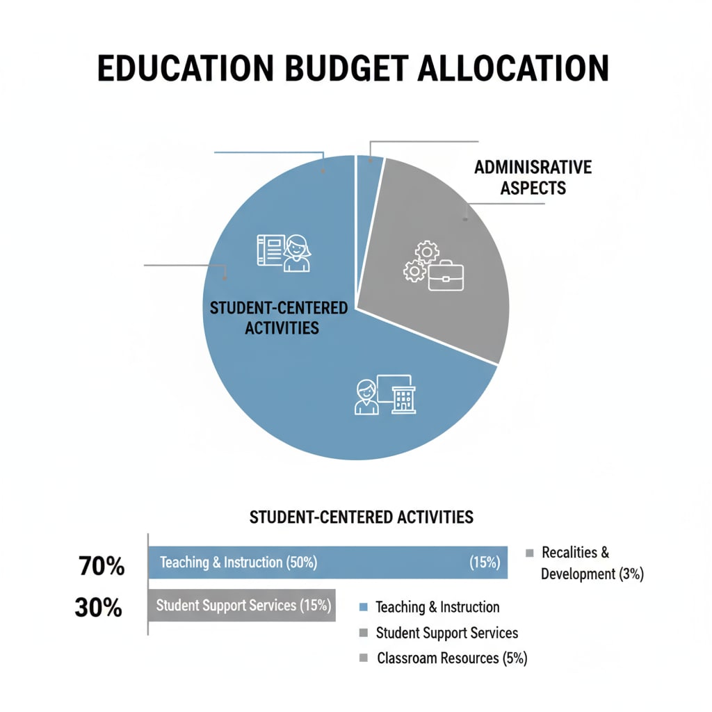 Infographic showing education budget allocation between administration and student - centric activities related to education management, administrative salaries, and student performance
