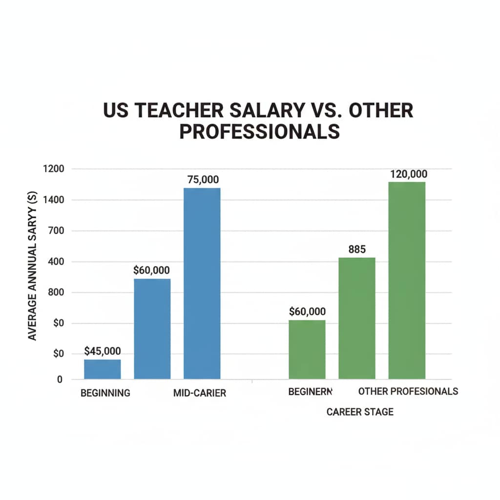 A bar chart showing the salary gap between US teachers and other professionals, highlighting the teacher salaries, income gap, and teacher shortage issue.