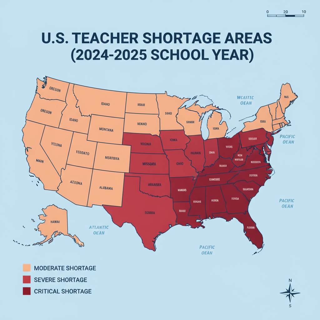 A map showing the areas in the US affected by teacher shortages, related to the teacher salaries, income gap, and teacher shortage situation.