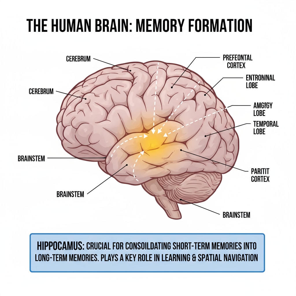 Diagram of the brain showing the hippocampus's role in memory development