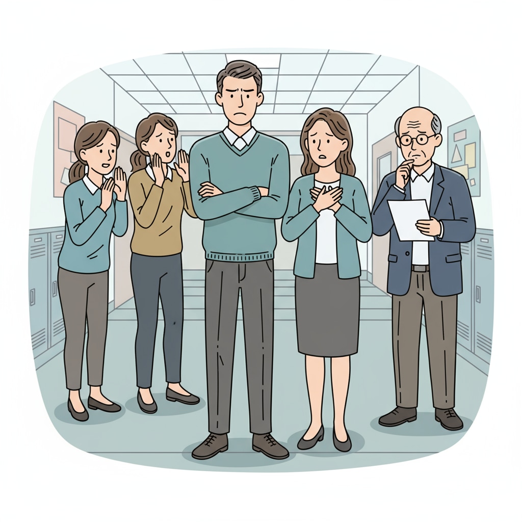Teachers in a hallway showing signs of interpersonal tension related to school management work environment