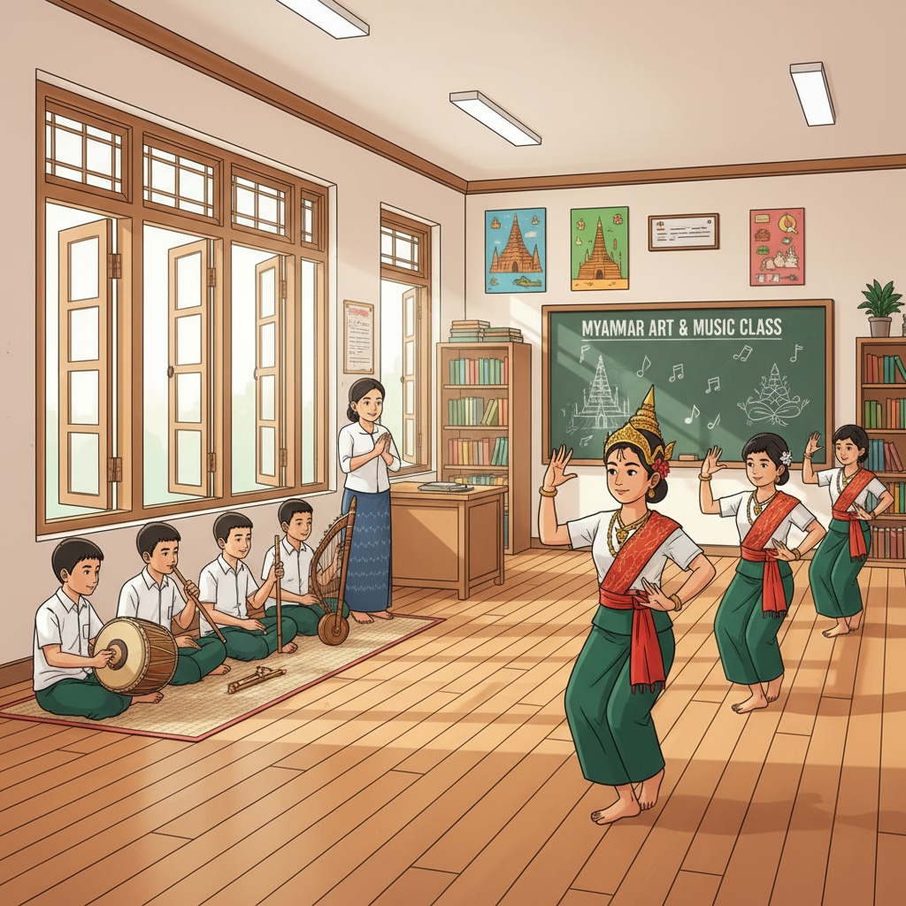 A classroom scene in Myanmar showing students learning traditional art related to its unique K12 education, highlighting the golden educational resources that lack international attention.