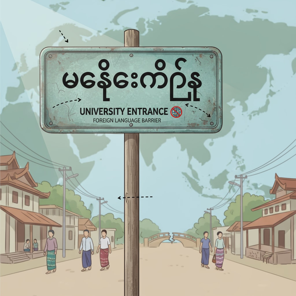 A sign in Myanmar depicting the language situation that contributes to the lack of international attention for its education, despite its golden educational potential.
