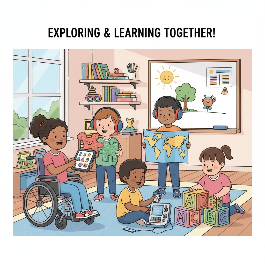 Special needs children in a classroom with educational materials related to tutoring apps