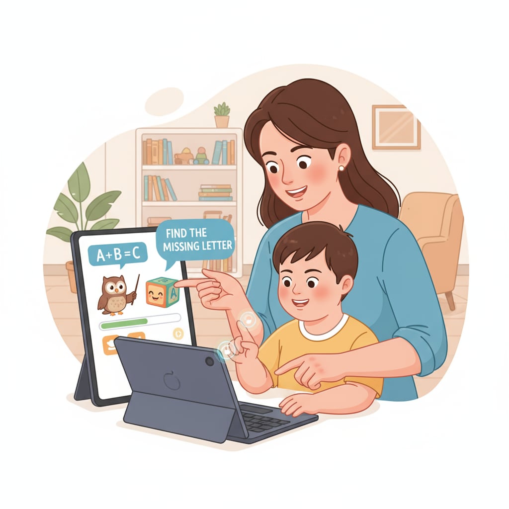 A parent and a special needs child using a tutoring app on a tablet