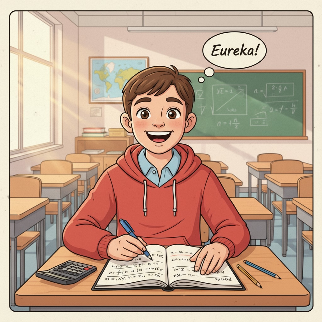 A student experiencing a cognitive breakthrough in learning, relevant to learning abilities, cognitive enhancement, and educational paths