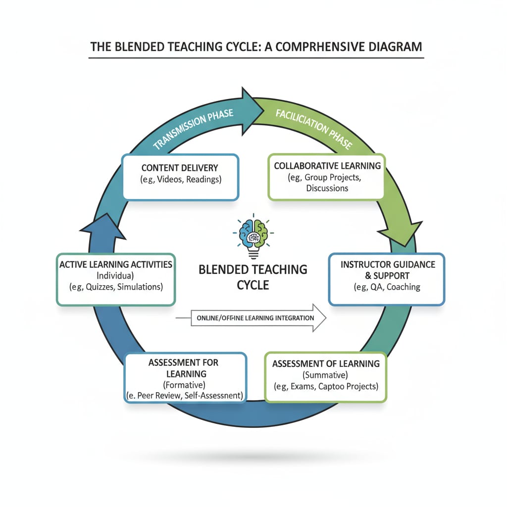 Visual representation of the Blended Teaching Cycle integrating transmission and facilitation in learning