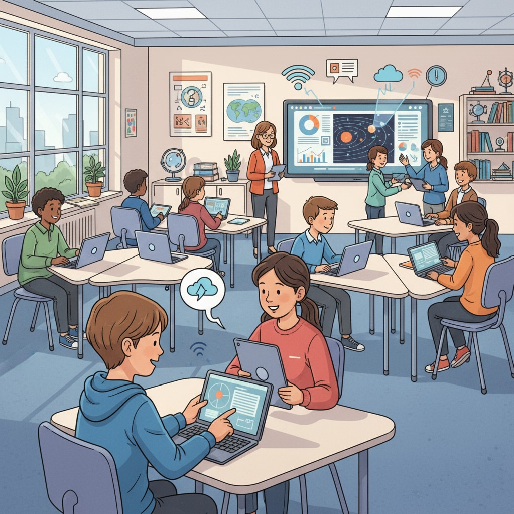 Students actively engaged in a classroom using educational technology tools