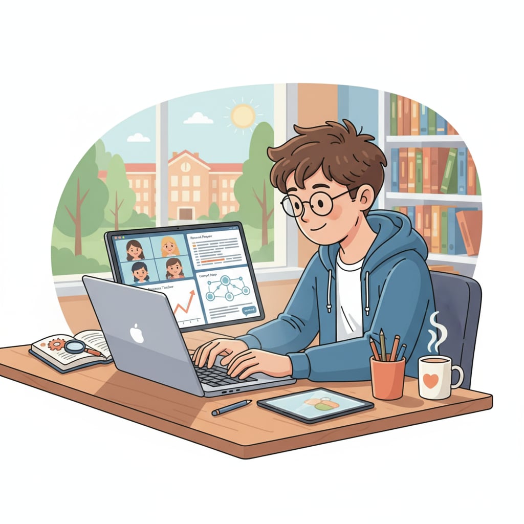 A student engaged in online learning, focusing on maintaining productivity and mental health while avoiding procrastination.
