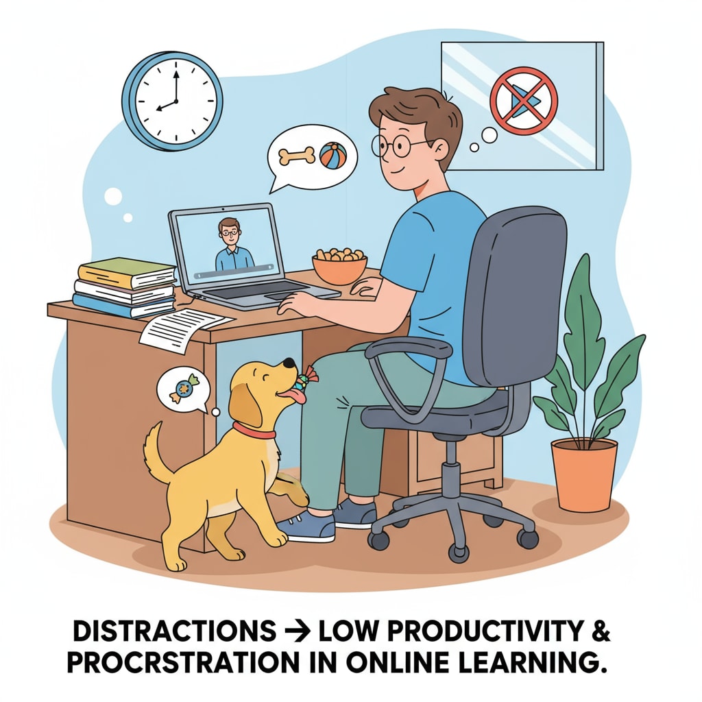 A student facing distractions during online learning, highlighting the importance of mental health and strategies to overcome procrastination.