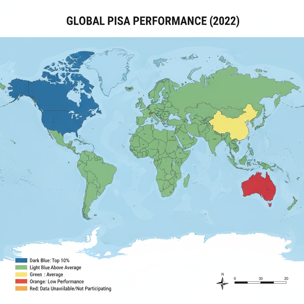 Map showing PISA performance of different countries relevant to educational statistics, PISA, and school evaluation