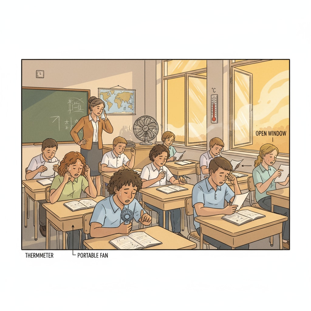 Students in a hot classroom without air conditioning showing discomfort