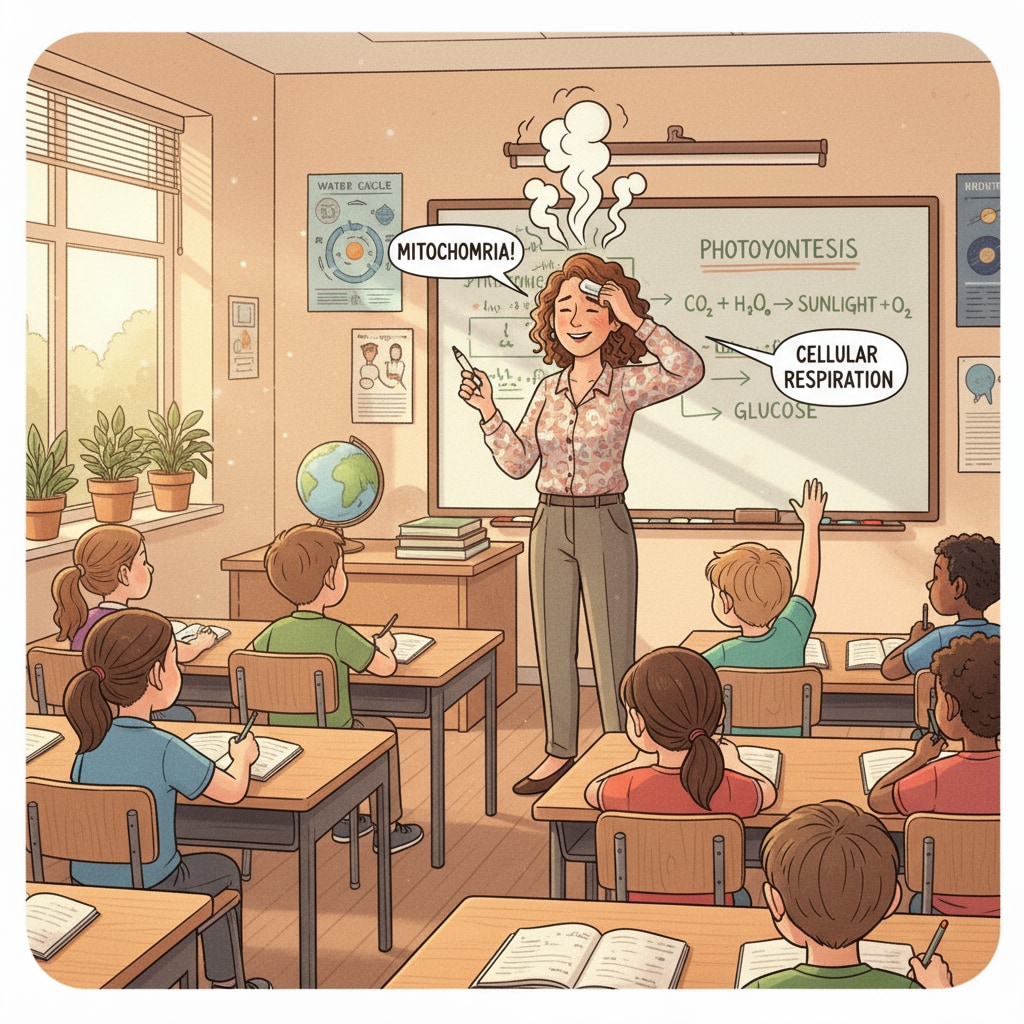 Teacher teaching in a hot classroom without air conditioning and sweating