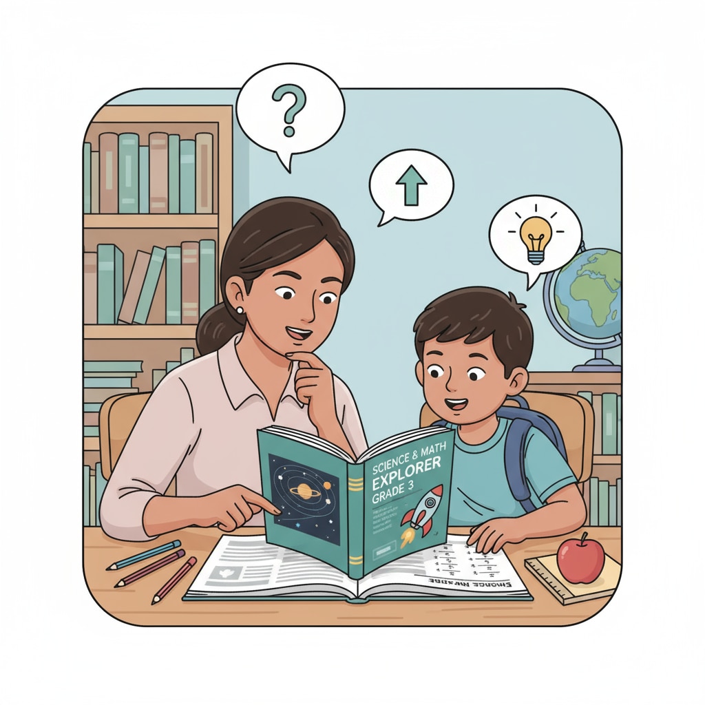Parent and third grader examining a science and math test book