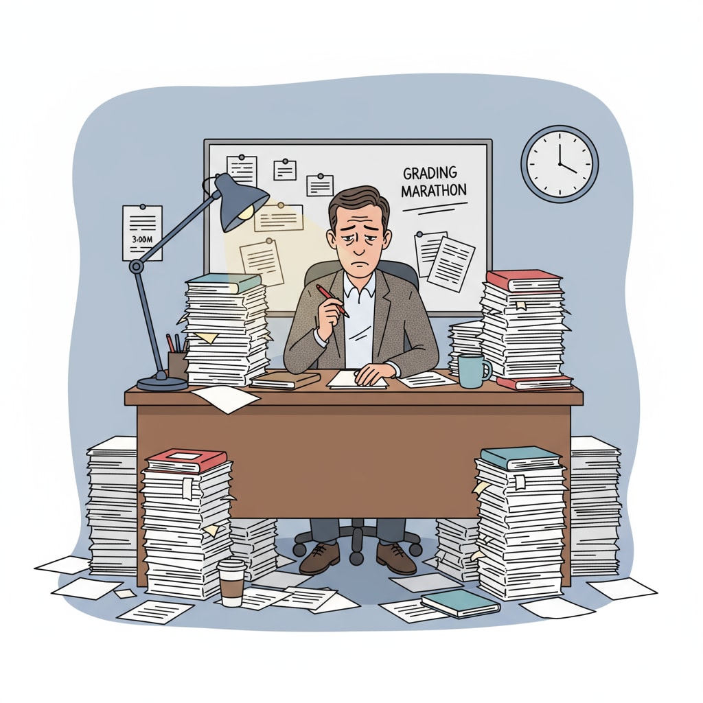 An educator showing signs of job burnout due to a heavy workload