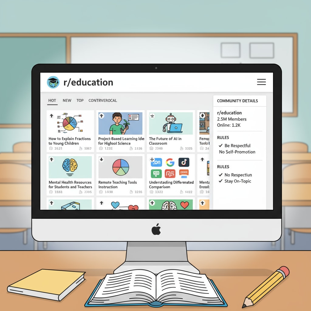 Screenshot of r/education subreddit page for community rules, educational subreddits, and posting guidelines