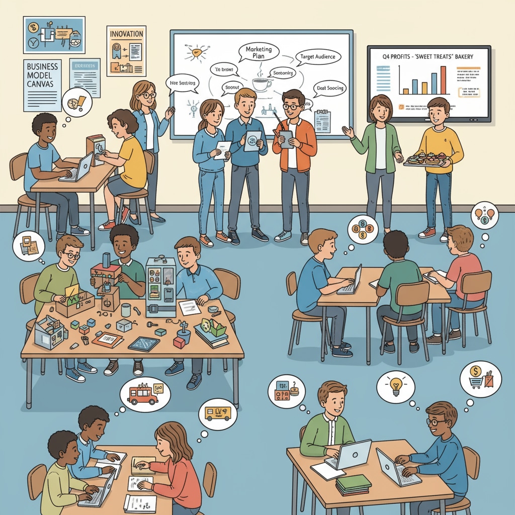 Students practicing entrepreneurial skills through hands-on learning in a K-12 classroom