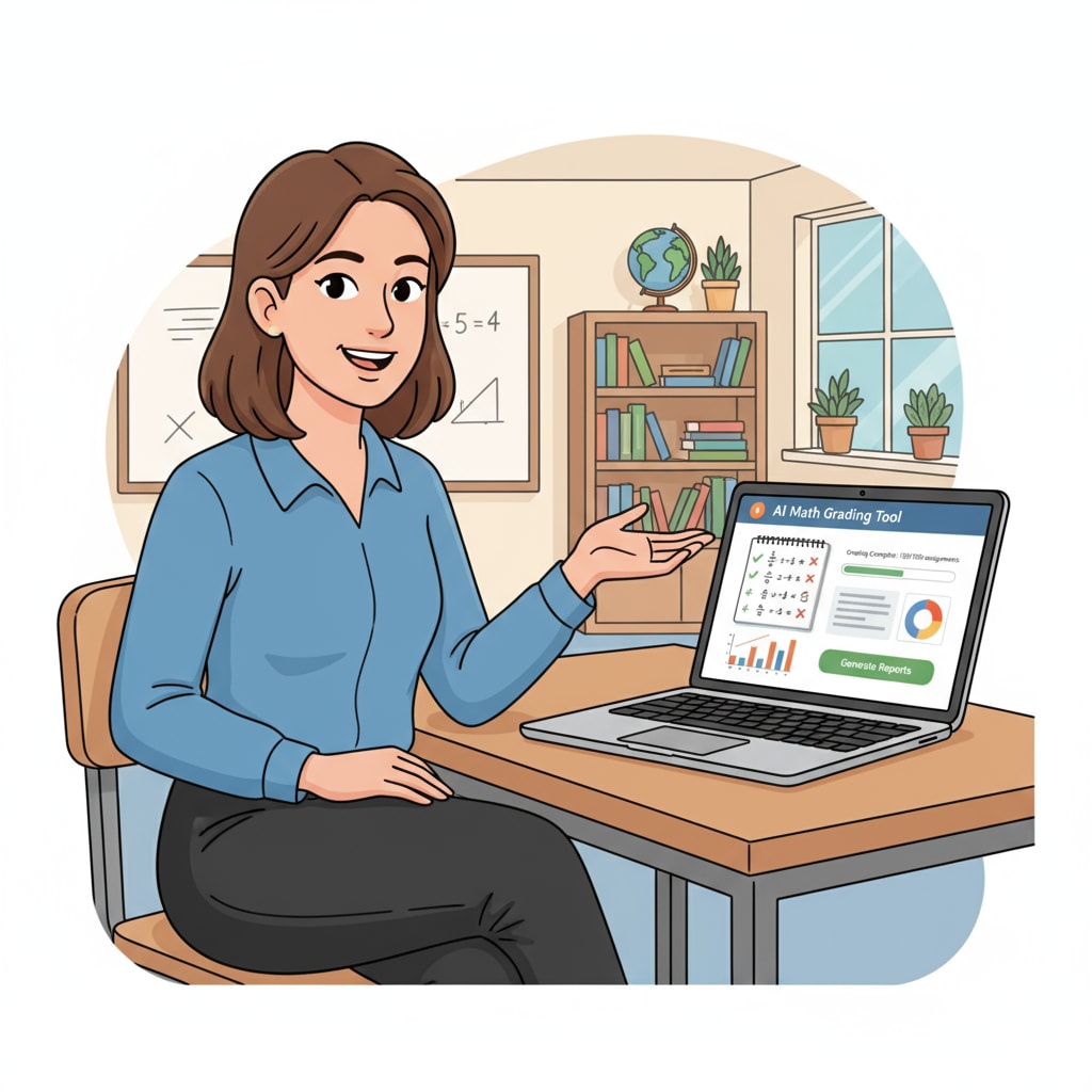 An illustration of a teacher using an AI math grading tool to save time and reduce workload.