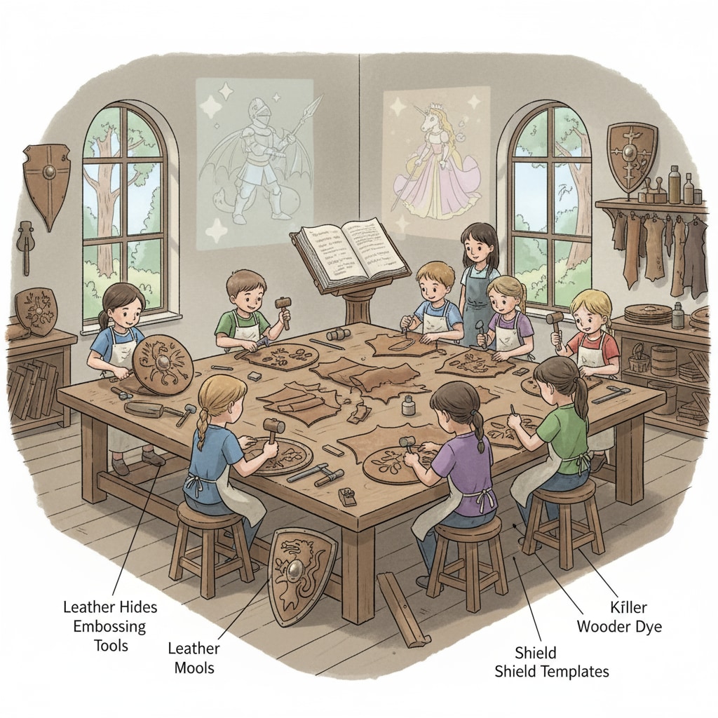 Children creating leather shields inspired by fairy tales in leather education