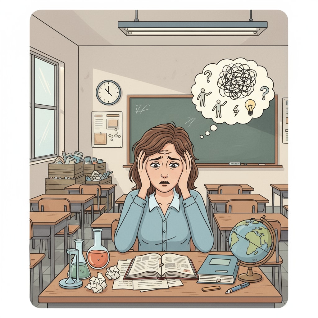 A teacher looking stressed while preparing lessons in a classroom with limited resources