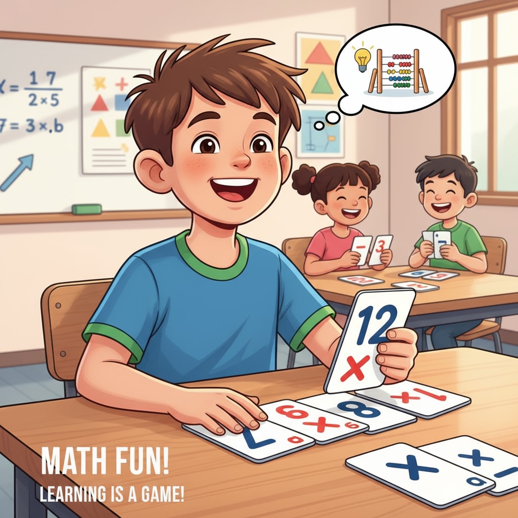 9-year-old child enjoying a math card game
