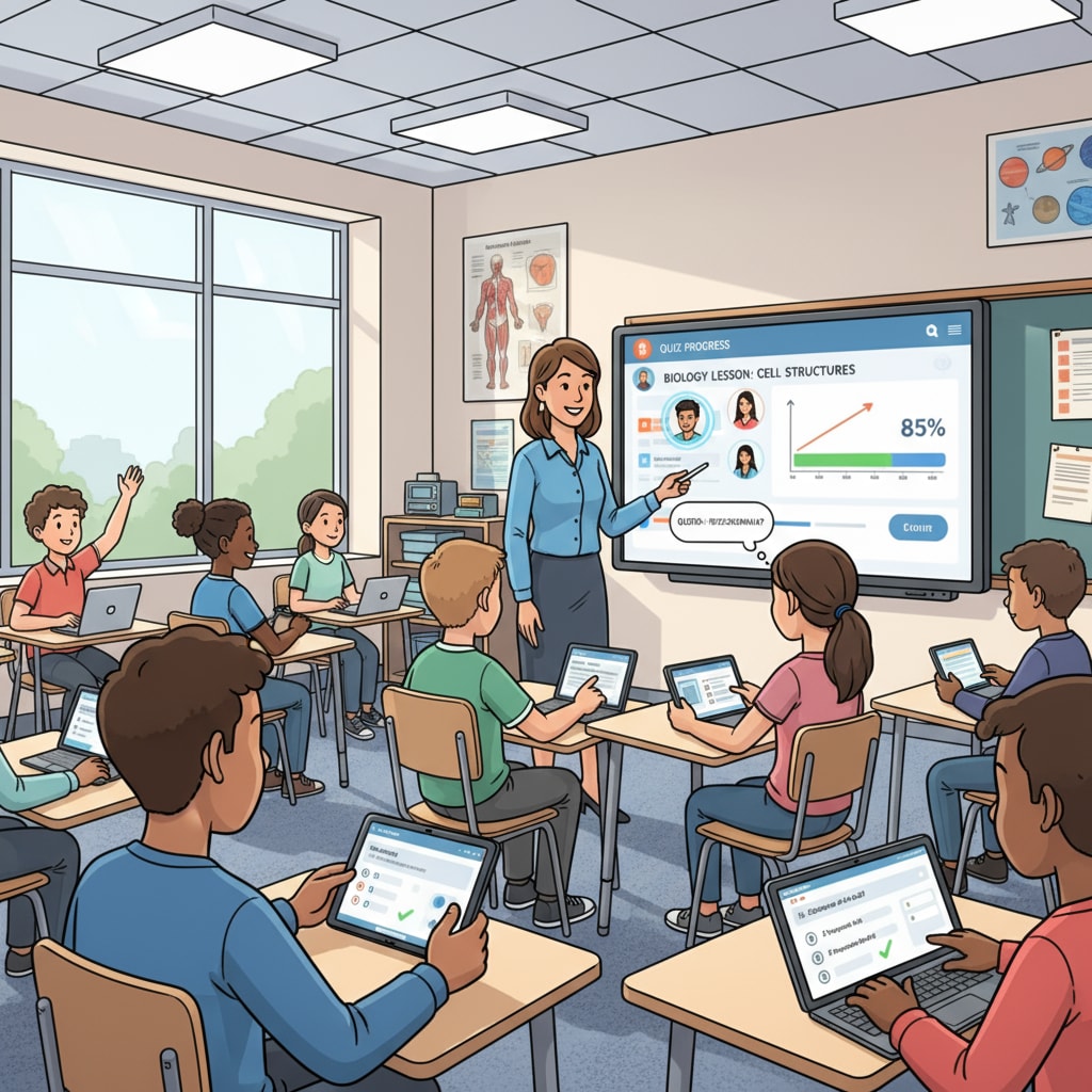 Teacher using educational technology to teach students and potentially reduce workload with feedback - informed tools