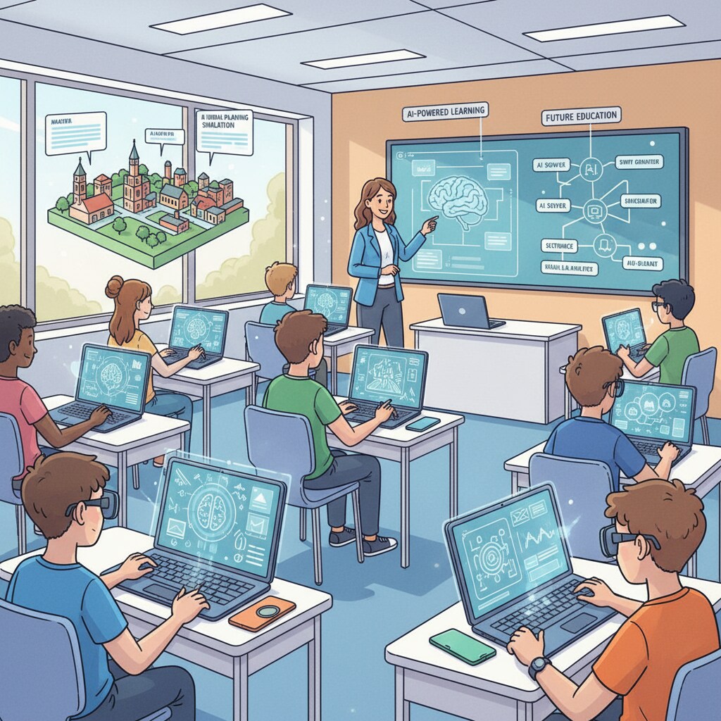 Students using AI tools in a classroom for AI courses, prompt writing, and technical education