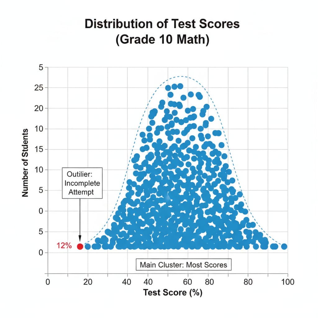 Graph showing test score distribution with an outlier due to incomplete test attempt