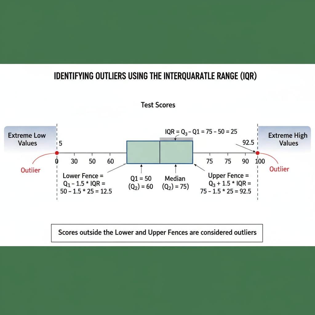 Diagram explaining interquartile range method for identifying outliers in test scores