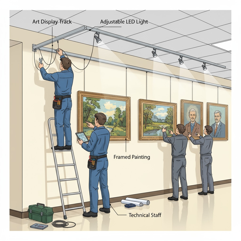 Technical staff installing art display equipment as part of district art education services