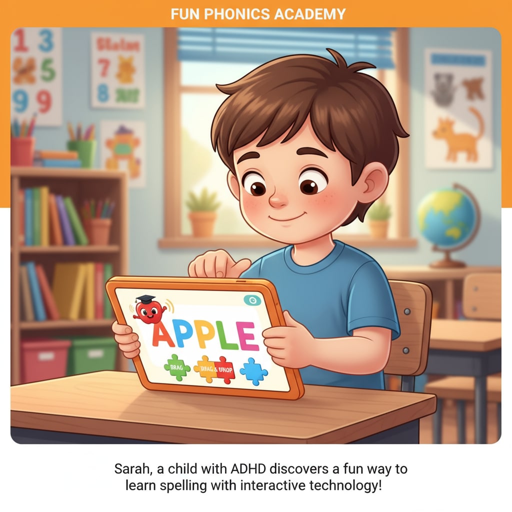 A child with ADHD using an educational app for spelling learning