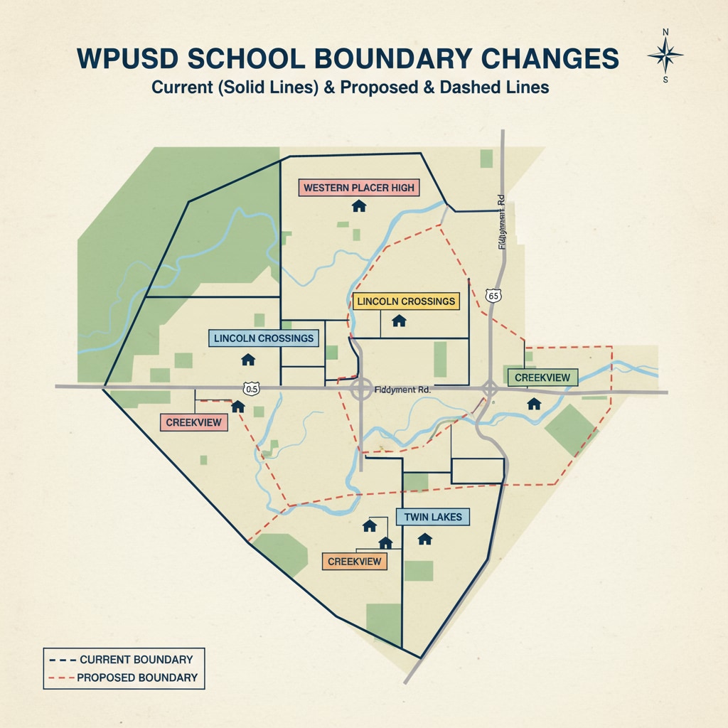 Map of WPUSD school boundaries before and after the proposed reallocation