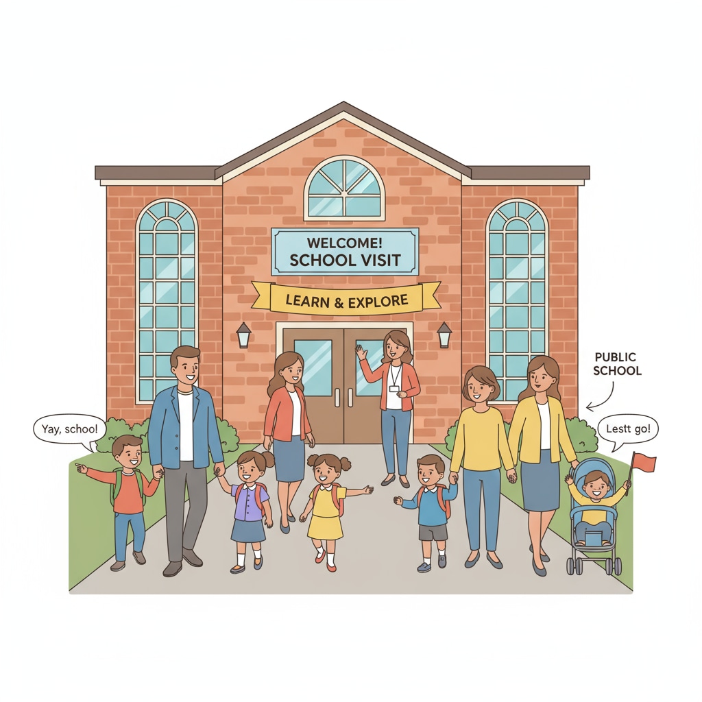 Parents and children starting a school visit to a public school for educational choices