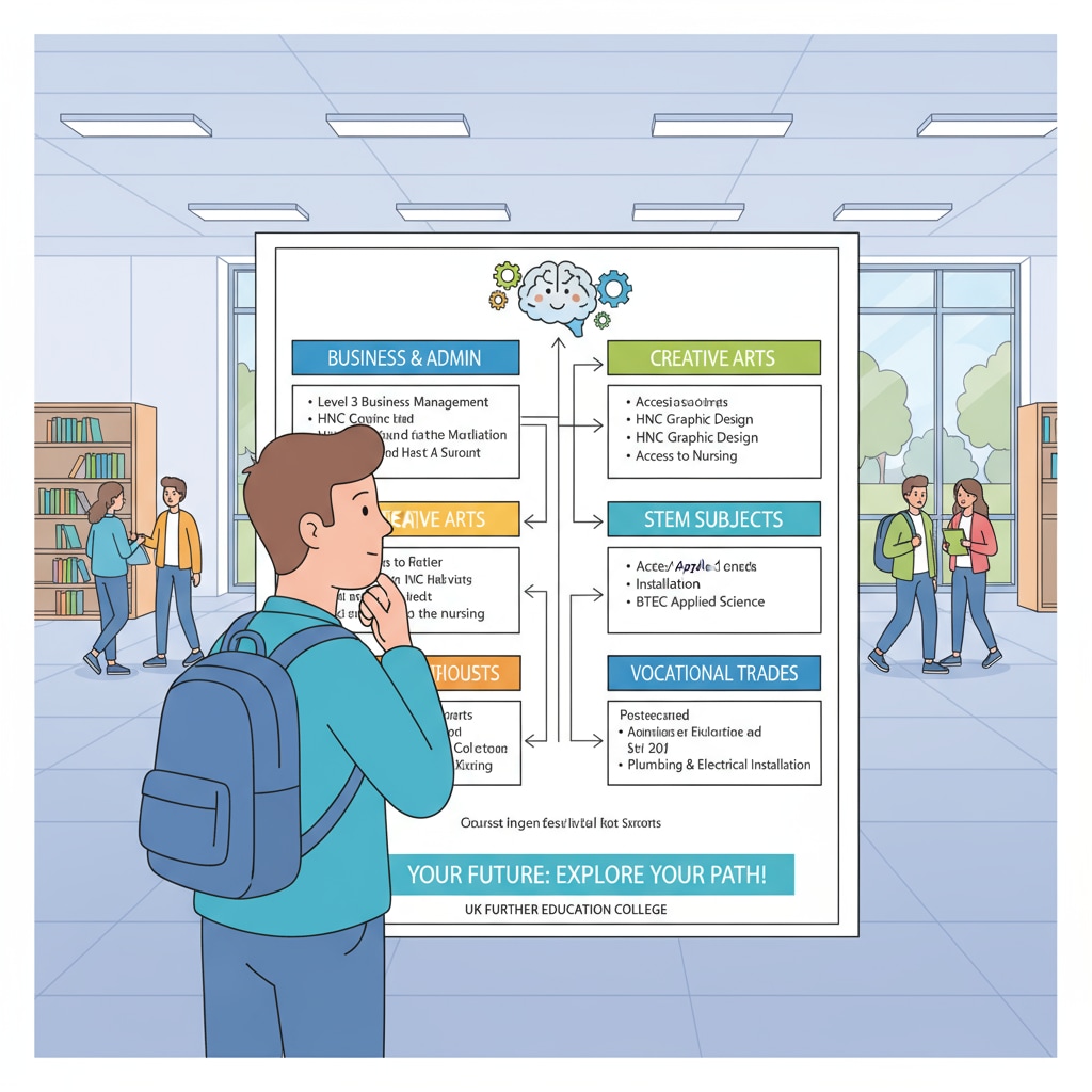 Student exploring course options at a UK further education college, relevant to dropping out, UK education, and returning to school