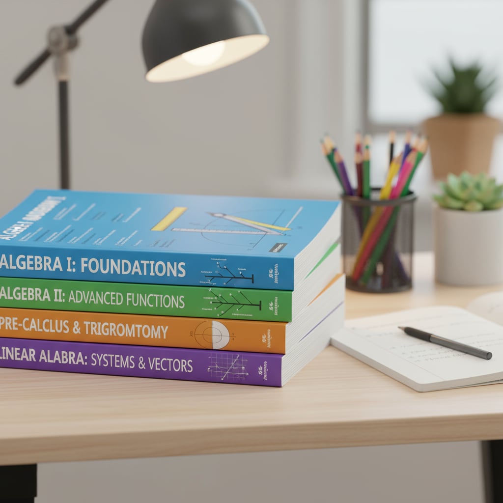 Stack of high school algebra workbooks for basic knowledge review