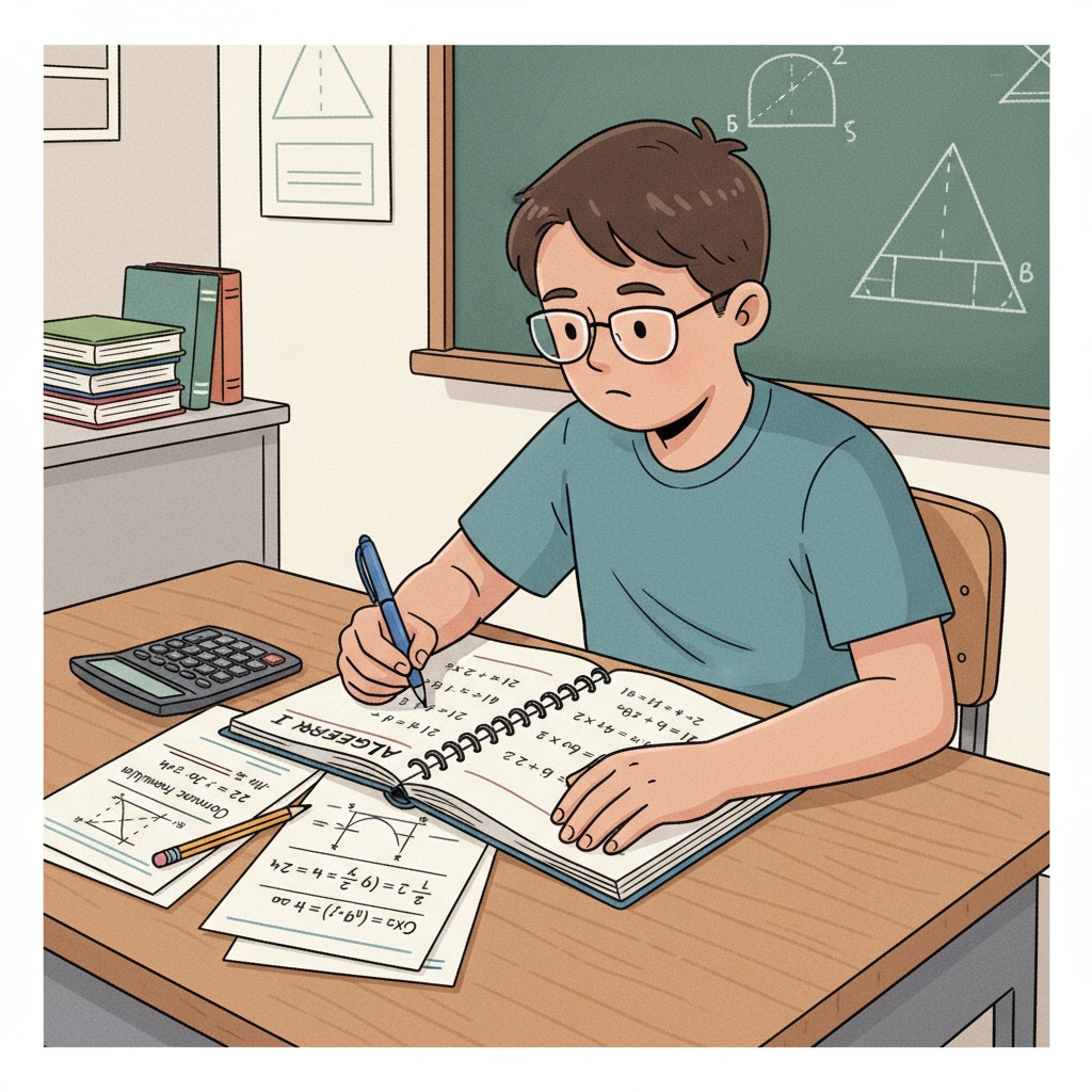 Student solving algebra problems from a workbook for high school basic knowledge review
