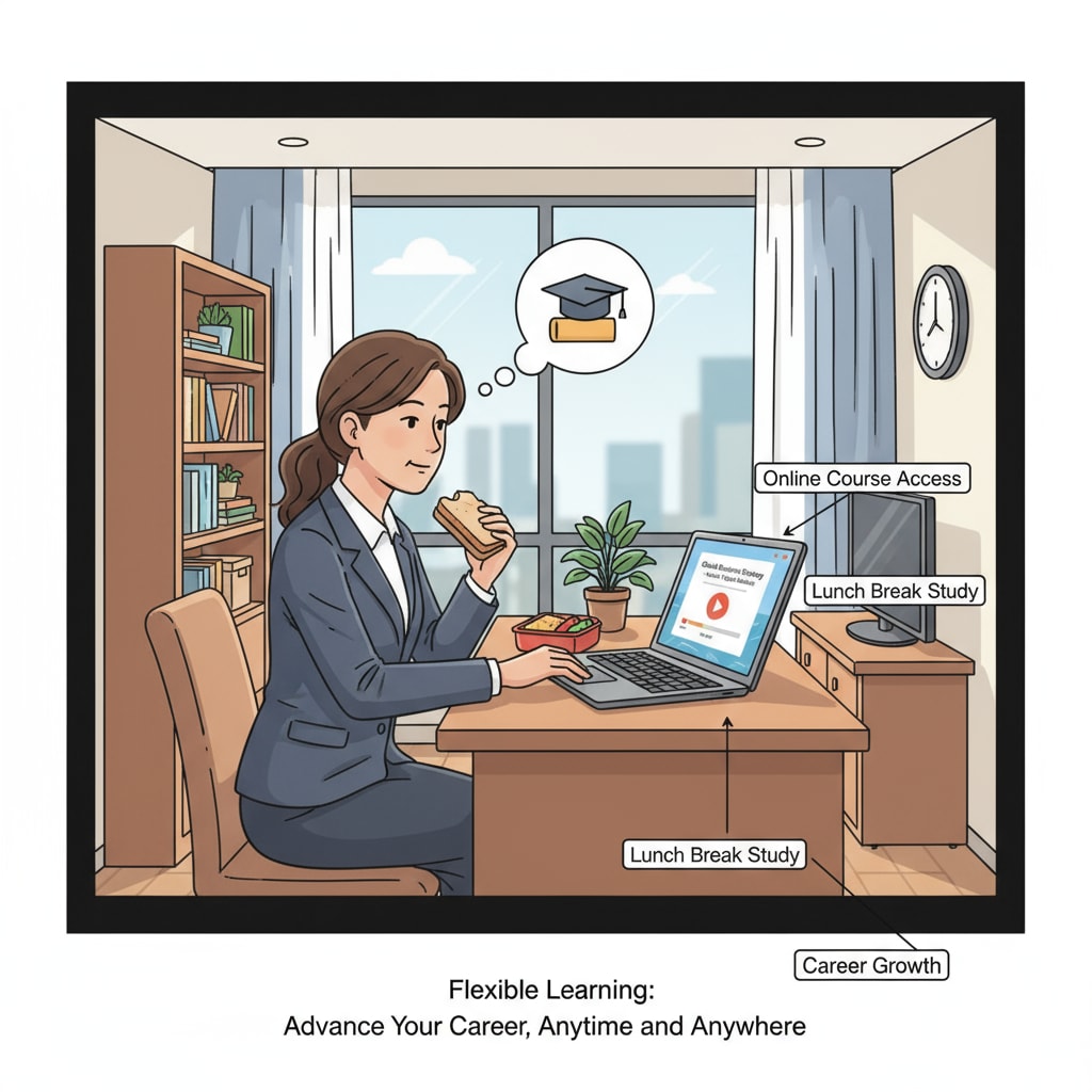 A working professional studying online during lunch break to meet educational requirements for career development.
