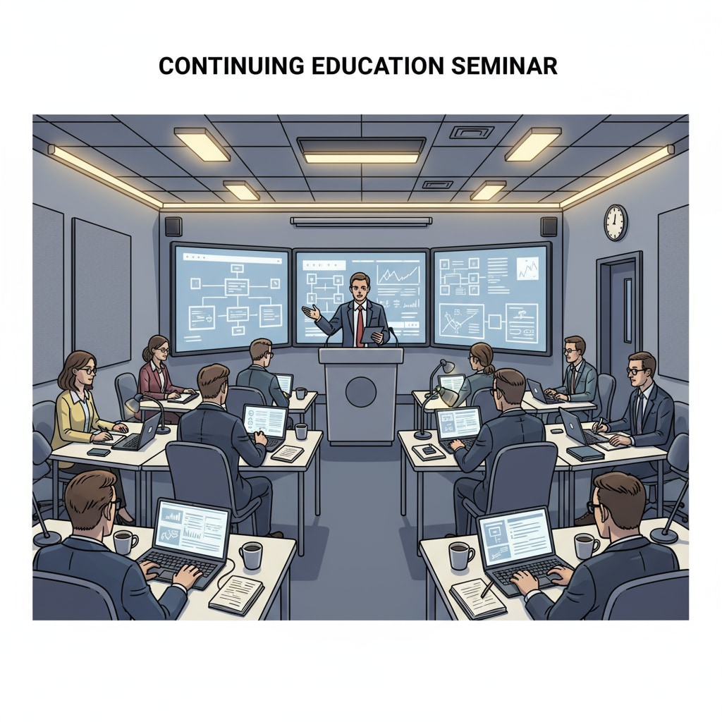 A group of professionals attending an evening class to enhance their skills for career advancement through continuing education.