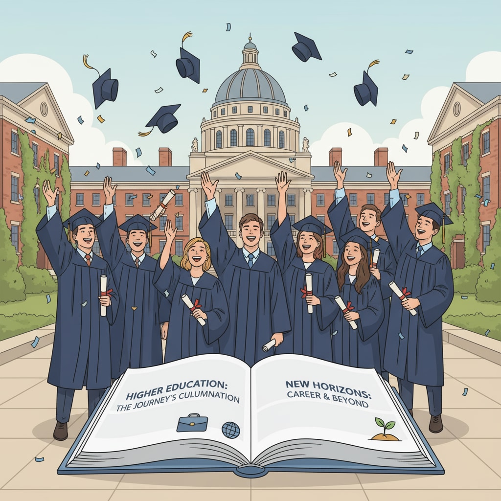 Higher education graduation scene with students and diplomas related to investment in education and future employment
