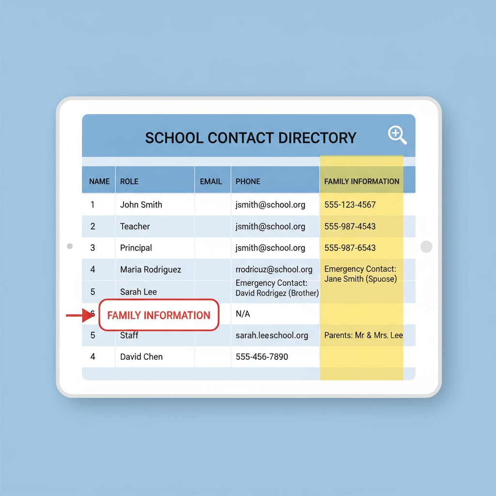 School contact list with family information section highlighted, related to family privacy and parental divorce issues