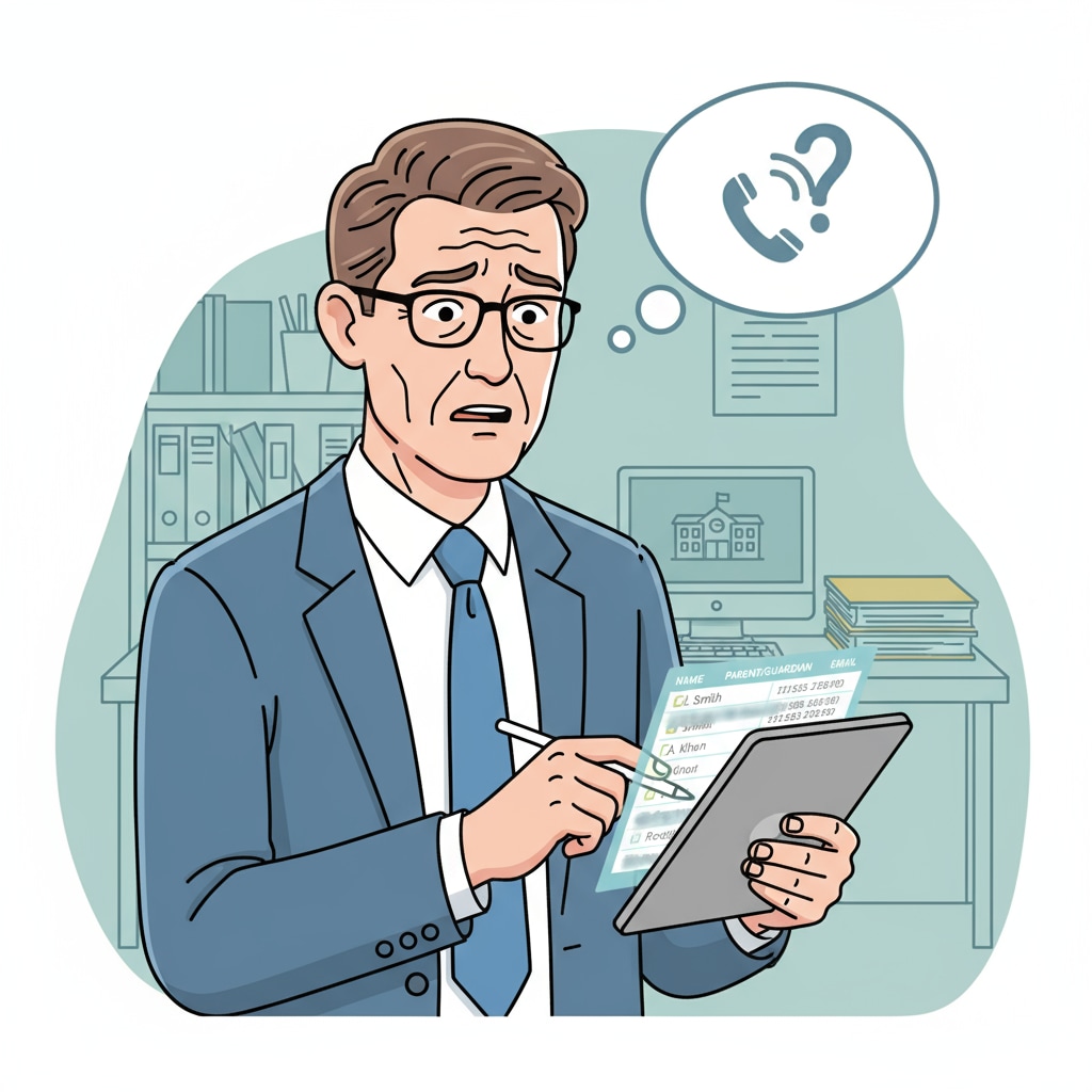 School administrator reviewing contact list to protect family privacy in the context of parental divorce