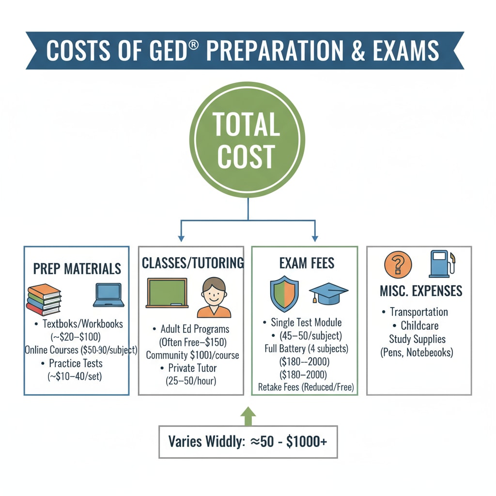Visual of GED cost components relevant to high school diploma, adult education, and financial burden