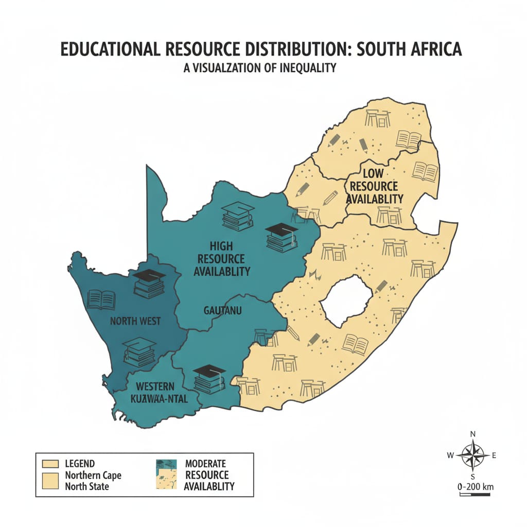Map showing unequal educational resource distribution in South Africa related to education reform needs