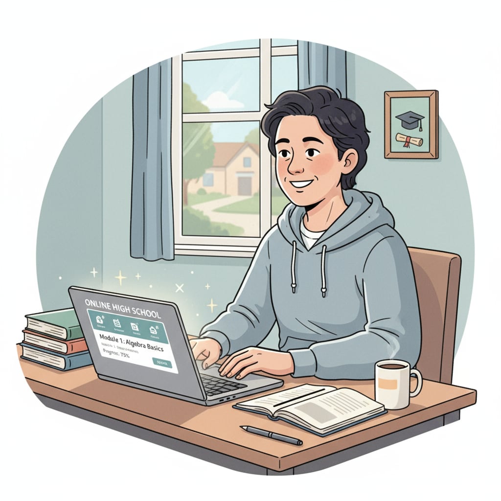 A low-income adult studying online high school courses to pursue GED