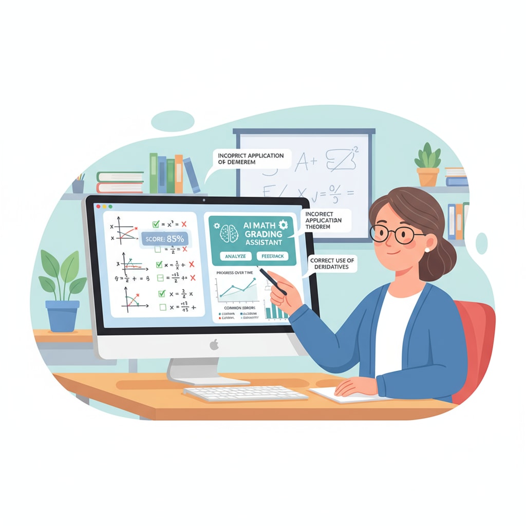 An illustration of a teacher using an AI math grading tool for efficiency.